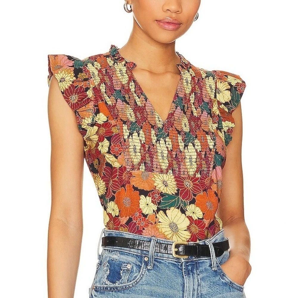 Nation LTD Habiba Tank Top Medium Ruffle Sleeve Smocked Floral Boho Cottagecore - Picture 2 of 10